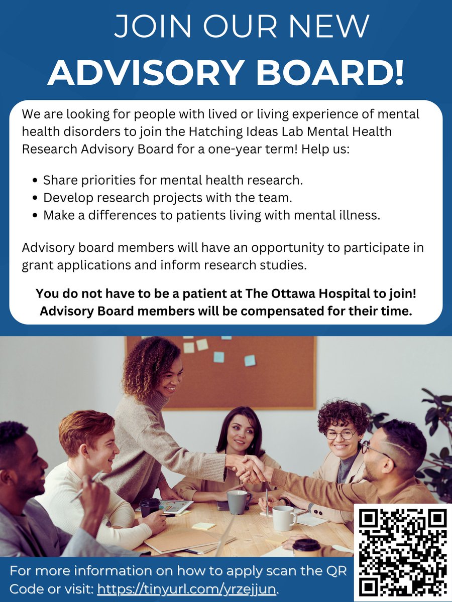 Hatching Ideas Lab (@hatchinghub) on Twitter photo 📣Exciting news! We are looking for people with lived and living experience of mental health disorders to join a new advisory board to inform mental health research at <a href="/OttawaHospital/">The Ottawa Hospital</a>. For more information, scan the QR code in the poster or visit: hatchingideaslab.com/patient-engage…. 📣Exciting news! We are looking for people with lived and living experience of mental health disorders to join a new advisory board to inform mental health research at <a href="/OttawaHospital/">The Ottawa Hospital</a>. For more information, scan the QR code in the poster or visit: hatchingideaslab.com/patient-engage….