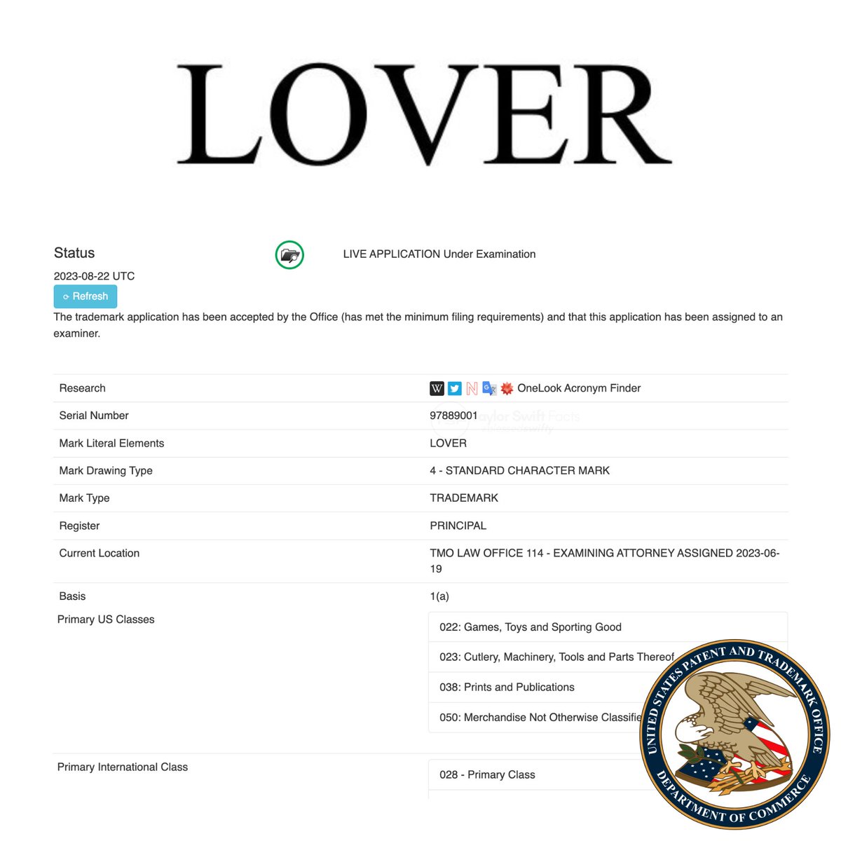 blessedswifty's tweet photo. 🚨 | A NEW “Lover” Trademark has OFFICIALLY been ACCEPTED by the @USPTO. https://t.co/0OzZni508K