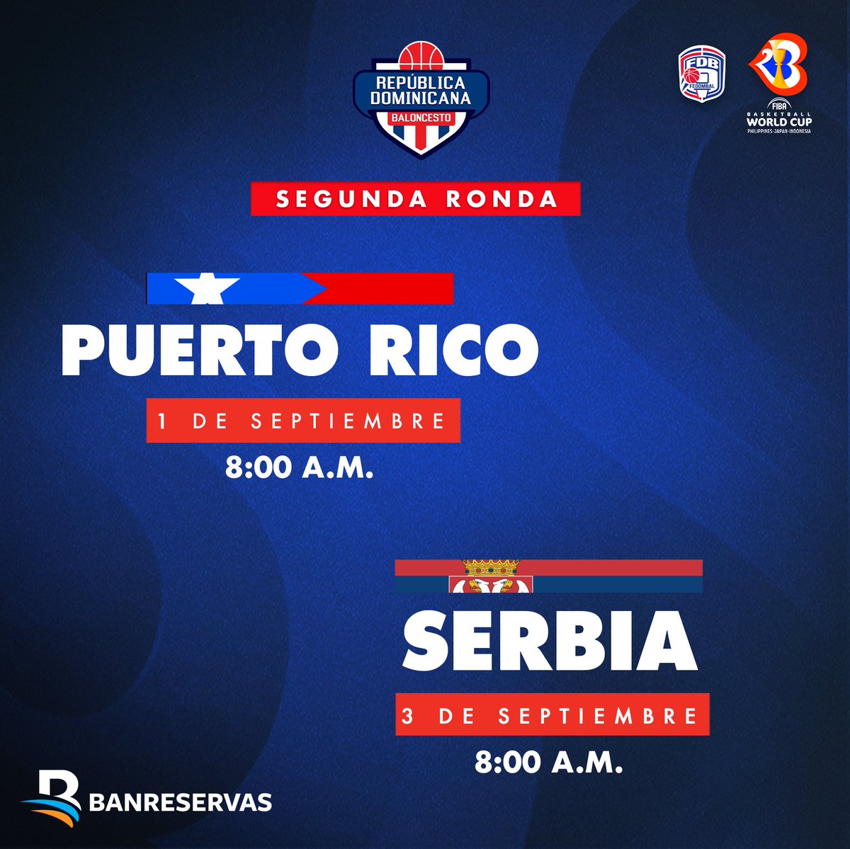 RDBSeleccion's tweet photo. Calendario listo para la segunda ronda del @FIBAWC. ¡Vamos República Dominicana! 🏀🇩🇴 https://t.co/JOvEb8vkVb