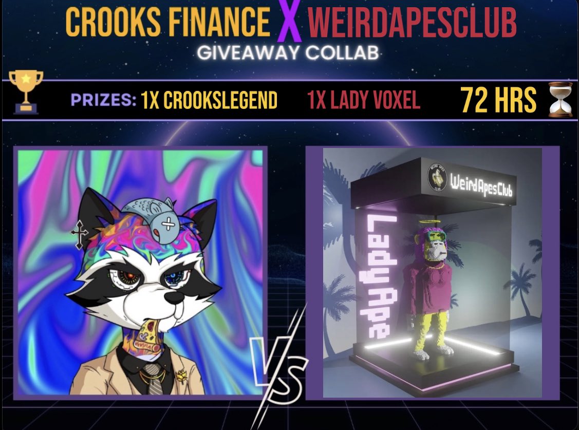 #CROfam we are proud to announce a fantastic #NFTGiveaway with @WeirdApesClub
🦍🤝🦝

Rules 👨‍⚖️

- Follow Both Accounts 
- Like ❤️ &amp; RT 🔁
- Tag 3+ #crypto friends 
- Join Discord Channels 

72 hrs ⏳

Prize’s 🏆
1x CRKL
1x Lady Voxel

#CronosNFT #CronosChain #nft #Crypto #cro