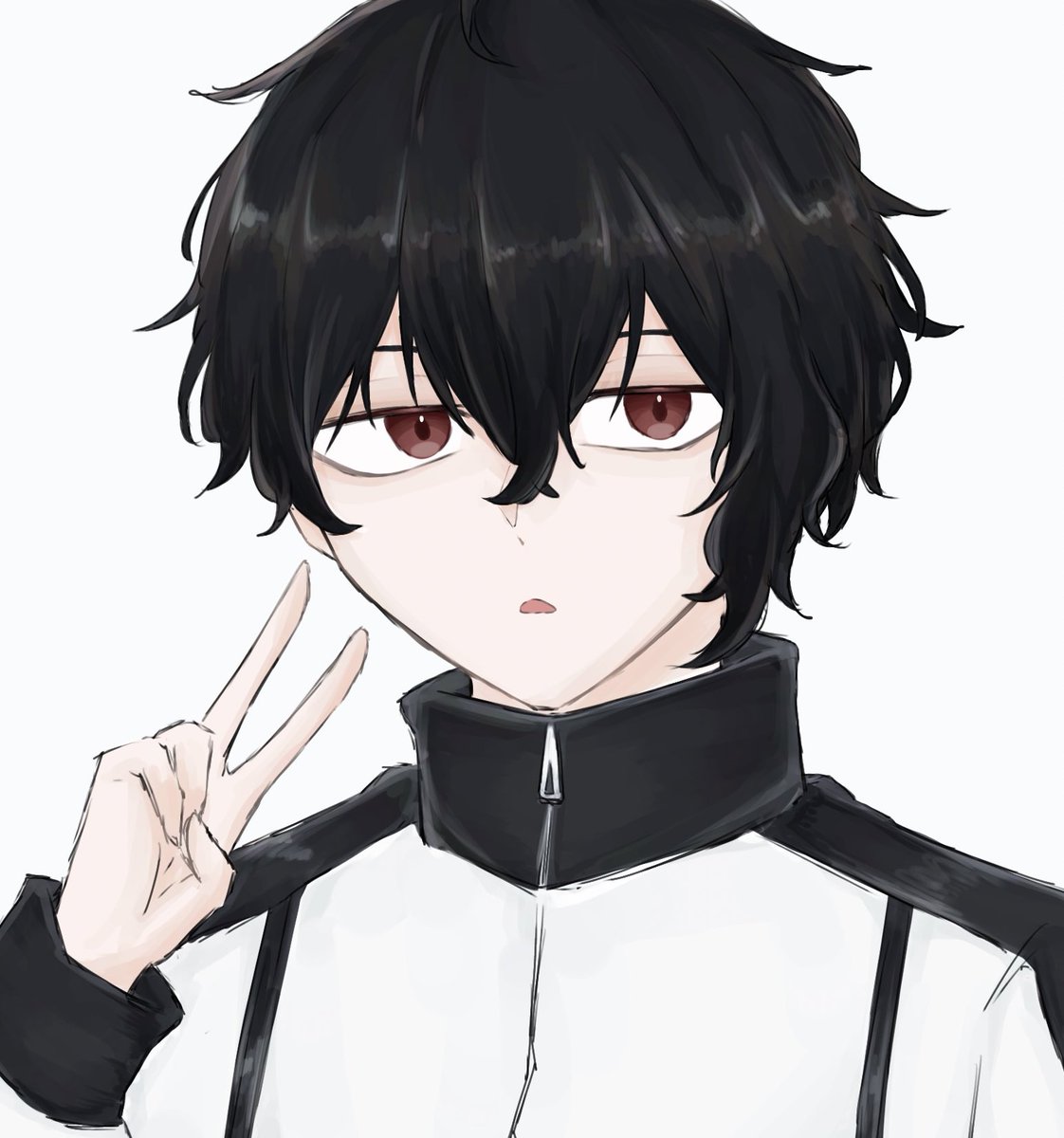 1boy black hair male focus v solo white background jacket  illustration images
