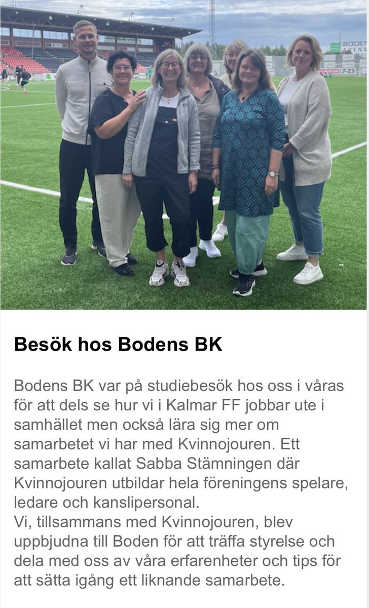 Fantastiskt roligt att andra föreningar vill lära av <a href="/KalmarFF/">Kalmar FF</a> och Kvinnojourens samarbete för att stoppa mäns våld mot kvinnor. Fler borde följa efter och #SabbaStämningen