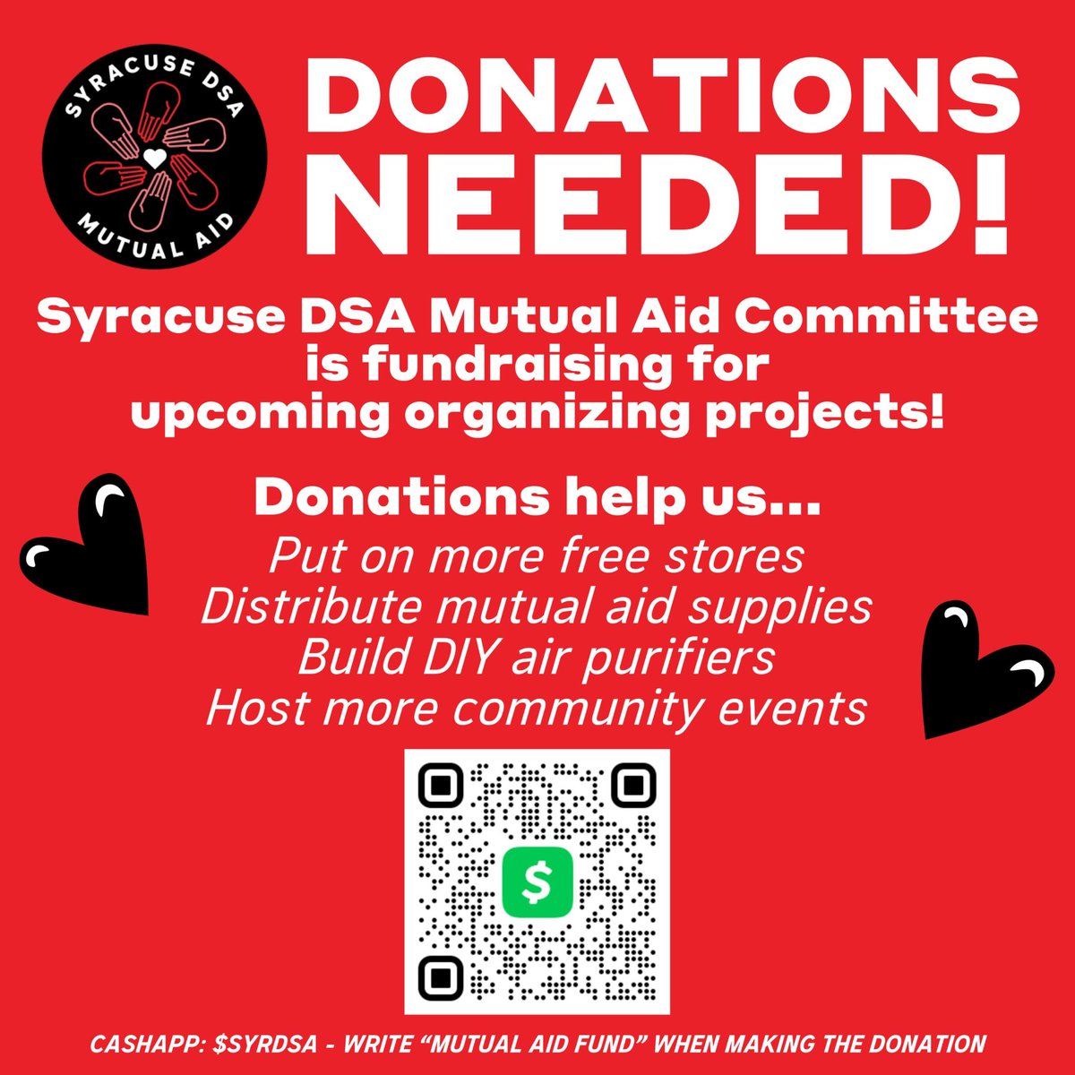Our <a href="/SyrDSAMutualAid/">Syracuse DSA Mutual Aid</a> committee is currently collecting donations to fund  ongoing community projects, including:
🛍️ Supply bags
🆓 Free stores
😷 Building DIY air purifiers for wildfire smoke &amp; COVID-19

Can you spare $5 or $10 bucks to help 'em out? 🙏 cash.app/$SyrDSA