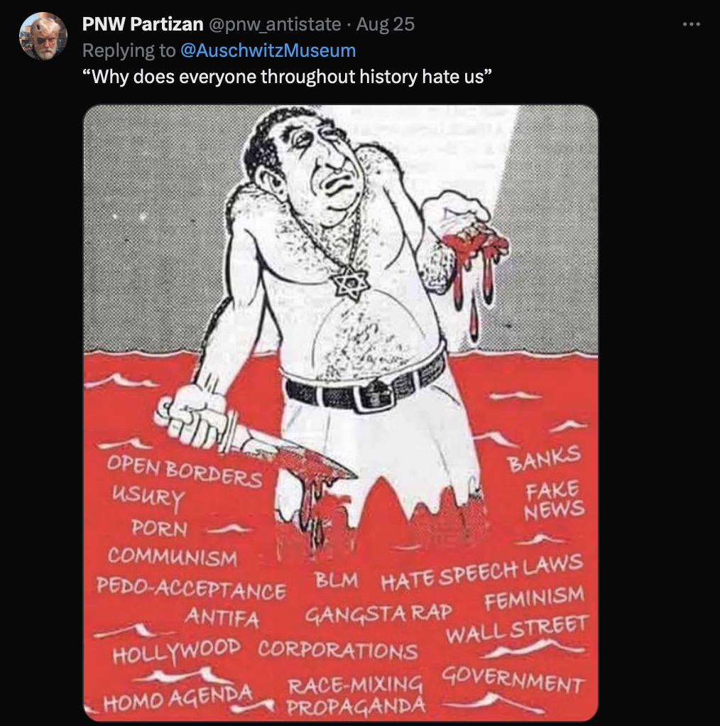 AuschwitzMuseum's tweet photo. The hatred that finally led to the tragedy of #Auschwitz  gradually developed from ideas, words, stereotypes & prejudice. This continues to be a warning to all of us.

It is worrying that such vile, antisemitic cartoon does not break @X @Support safety policies. 

Hatred should not be allowed to grow. 

cc: @elonmusk @lindayaX @CommunityNotes
