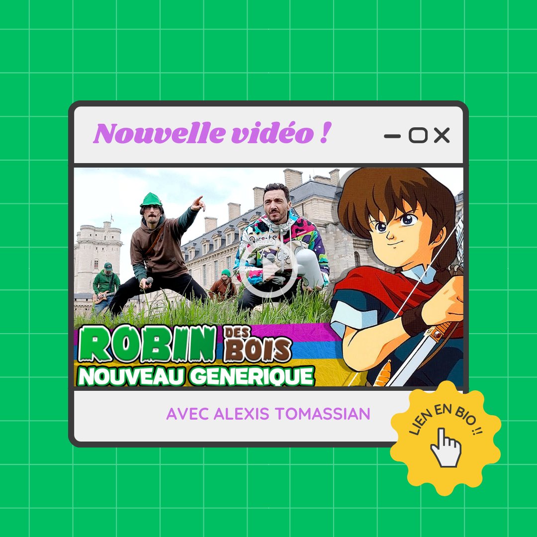 Nouveau clip youtube.com/watch?v=SRf9O-… 🤩 Une reprise survoltée d'un opening méconnu des années 90 : Les aventures de Robin des bois. Et pour que ce soit parfait, on a fait appel à <a href="/alexistomassian/">alexistomassian</a> : c'est lui qui a chanté le générique original quand il était gamin ! 😁