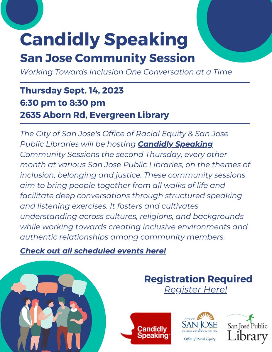 SJRacialEquity (@sjracialequity) on Twitter photo Candidly Speaking brings people together to talk about life experiences & strengthens community connectedness, fosters understanding, empathy & respect through authentic conversations
Join us & <a href="/sanjoselibrary/">San Jose Public Library</a> during #WelcomingWeek2023
Register here forms.clickup.com/12610592/f/c0v… Candidly Speaking brings people together to talk about life experiences & strengthens community connectedness, fosters understanding, empathy & respect through authentic conversations
Join us & <a href="/sanjoselibrary/">San Jose Public Library</a> during #WelcomingWeek2023
Register here forms.clickup.com/12610592/f/c0v…