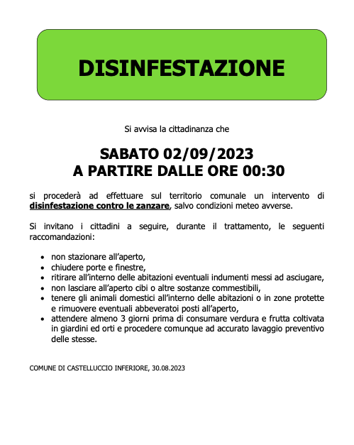 InfCastellucci1's tweet photo. Sabato 2 settembre sarà effettuato un intervento di disinfestazione contro le zanzare.
https://t.co/TLXbvqU2Ln https://t.co/i6rwWDQjXq