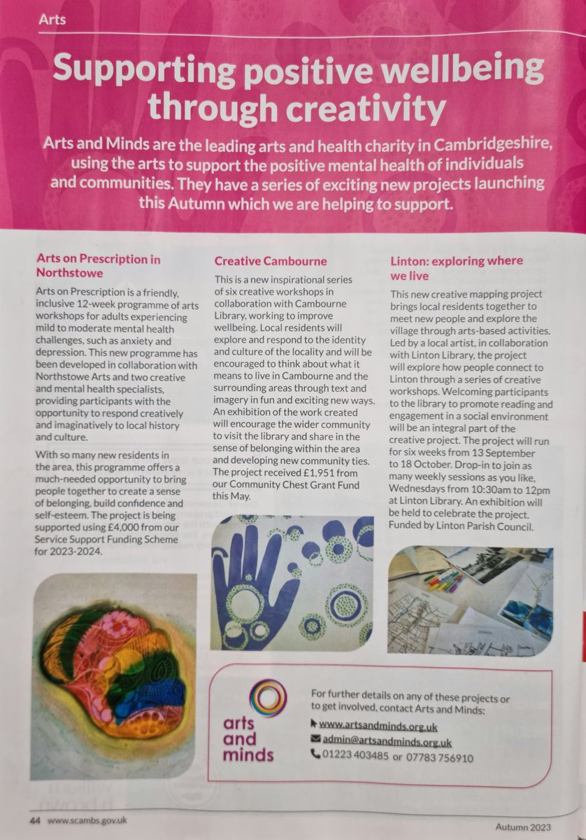 erbradfield's tweet image. Look what's just popped through the letter box in Autumn's @SouthCambs Magazine! 

Exciting projects launching this autumn @mindsarts 🍂

➡️ #ArtsOnPrescription in #Northstowe starting 12th September 

➡️ #CreativeCambourne launching in Autumn

➡️ #LintonMapping starts 13th Sept