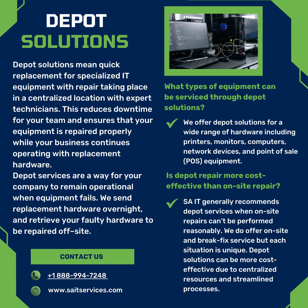 SAITServices's tweet image. Sometimes #equipment doesn’t operate the way it’s supposed to. While that can be frustrating, @saitservices can keep your #business up &amp;amp; running with our #depotsolutions! Click the link below to find out more about our #services! 💻#techsupport 
saitservices.com/depot-solution…