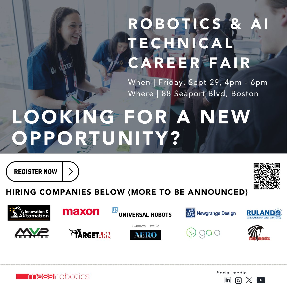 MassRobotics's tweet photo. Hiring companies @Walmart, @maxongroupus, @Teradyneinc #UR, @NewgrangeDesign, @Ruland_Mfg, @MVPdummy, @MaglevAero #TargetArm #gaia #BlackiRobotics
Looking for a new opportunity? Are you #hiring? Learn more here >> https://t.co/8sn2UKQtyf #careerfair #career #engineering https://t.co/240WG2azYY