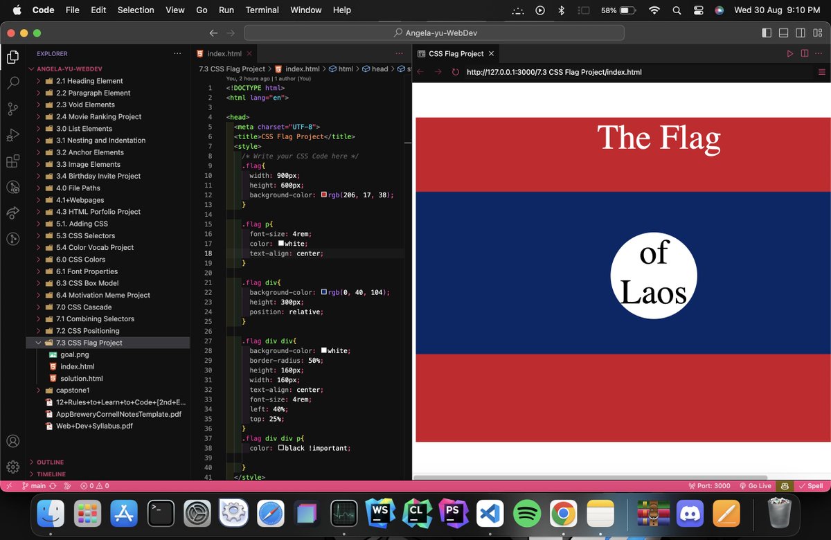 MhHunjan's tweet image. Just finished section 7 of @angelayu's #TheCompleteWebDevelopmentBootcamp! Learned about #CSSCascade, #CSSSelectors, #CSSPositioning, and built a #CSSFlag project. Feeling confident and ready to move on to the next section! #webdev #coding #learntocode