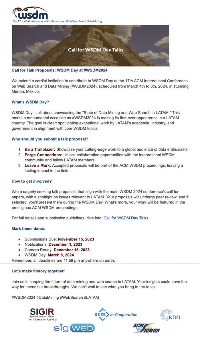 We are pleased to announce the call for the #WSDM2024!

Submissions Due: 11/15/2023
Notifications: 12/1/2023

For full details see:
wsdm-conference.org/2024/call-for-…

#WSDM2024 #DataMining #WebSearch #LATAM