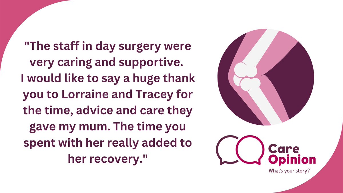 CareOpinionScot's tweet photo. This story thanks the #orthopaedics team at #FVRH and the Forth Valley #physio staff for their "excellent, patient-focussed care" that helped their mother in her recovery after knee replacement #surgery. @NHSForthValley Read more below π
https://t.co/ix22YBMkmu https://t.co/lgigpDFeo7