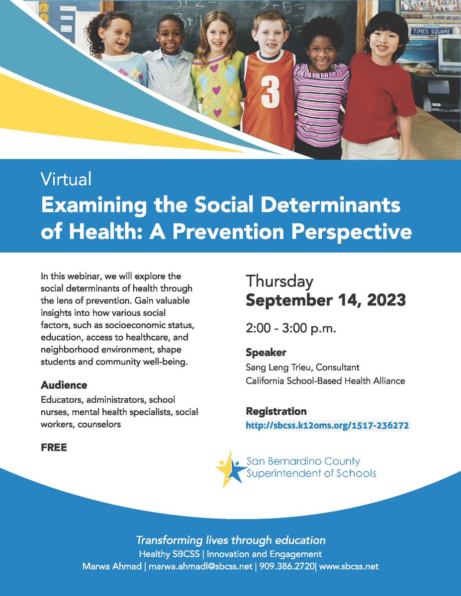 Please join us for a free webinar: Examining the Social Determinants of Health: A Prevention Perspective.
9/14 at 2pm, register here: sbcss.k12oms.org/1517-236272