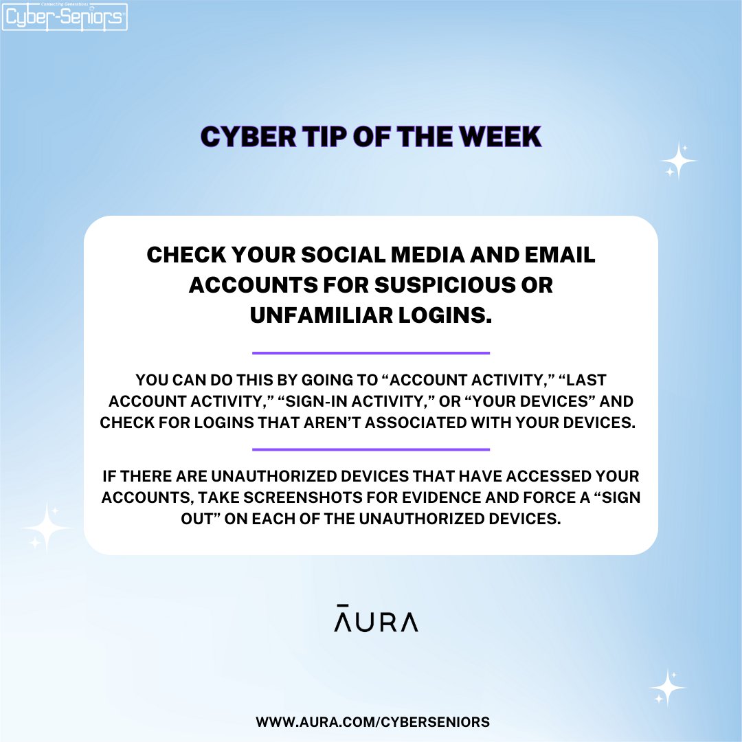 cyberseniors's tweet photo. 🚨 CYBER TIP OF THE WEEK! 🚨 Presented by @Aura_Protects https://t.co/uSkuqaf5Be