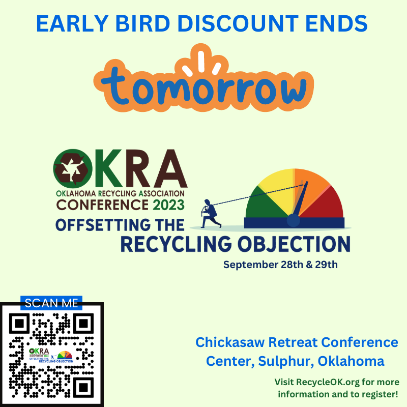 Registration Fees for the annual OKRA Recycling Conference are as follows:

OKRA Member: $85 (Earlybird $65 until 8/31)
Non Member: $105 (Earlybird $85 until 8/31)
Senior (65 +)/Student: $30

Tap the link: eventbrite.com/e/2023-oklahom…