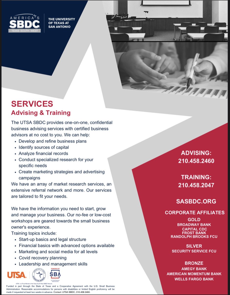 Are you an entrepreneur with big dreams for your small business? Look no further than the UTSA (SBDC) for steadfast support on your journey towards success!

Click the link and sign up utsa.ecenterdirect.com/signup or call UTSA SBDC at: 210-458-2460 to learn more.