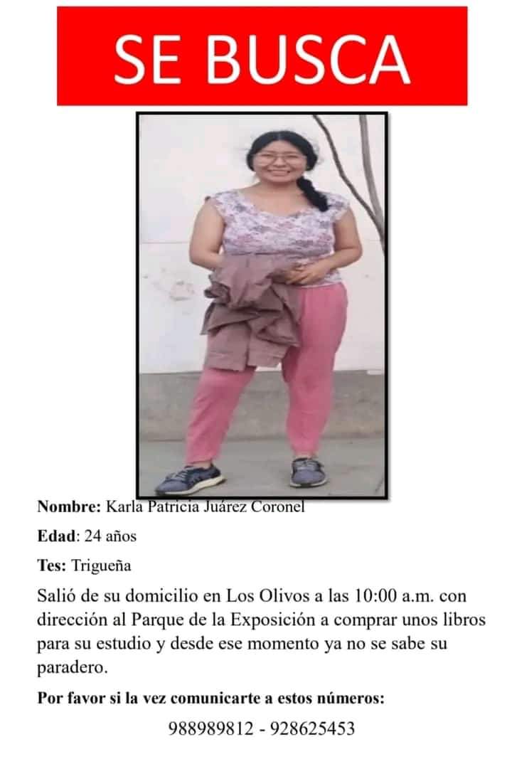 MadresLuchan's tweet photo. #URGENTE #Desaparecida  Karla Patricia Juarez Coronel (24) salió de su domicilio en Los Olivos con dirección al Parque de la Exposición en Lima. 
☎️ Cualquier noticia comunicarse al 988989812 - 928625453
#madresluchandoporjusticia https://t.co/Nl7xs3Bew5
