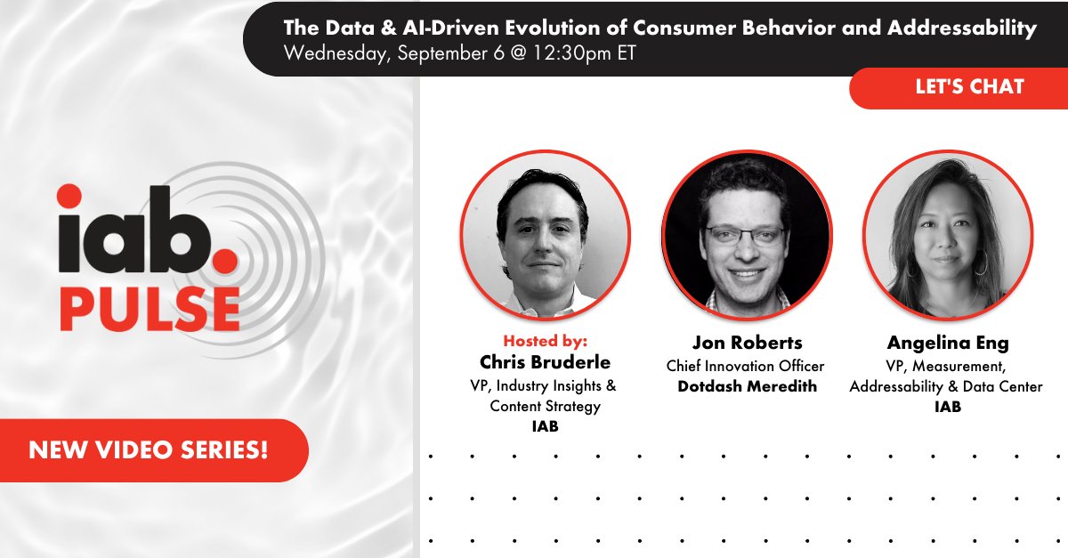 iab's tweet photo. New Video Series Alert: IAB Pulse Is Here! 🎥 In the very first episode of #IABPulse, IAB’s @Cbrude will moderate a discussion between @angelinaeng (#IAB) and Jonathan Roberts (@dotdashmeredith) on hot topics like #GenerativeAI, #addressability &amp; more: https://t.co/LGnQWraI5M https://t.co/GMr28gsMrS