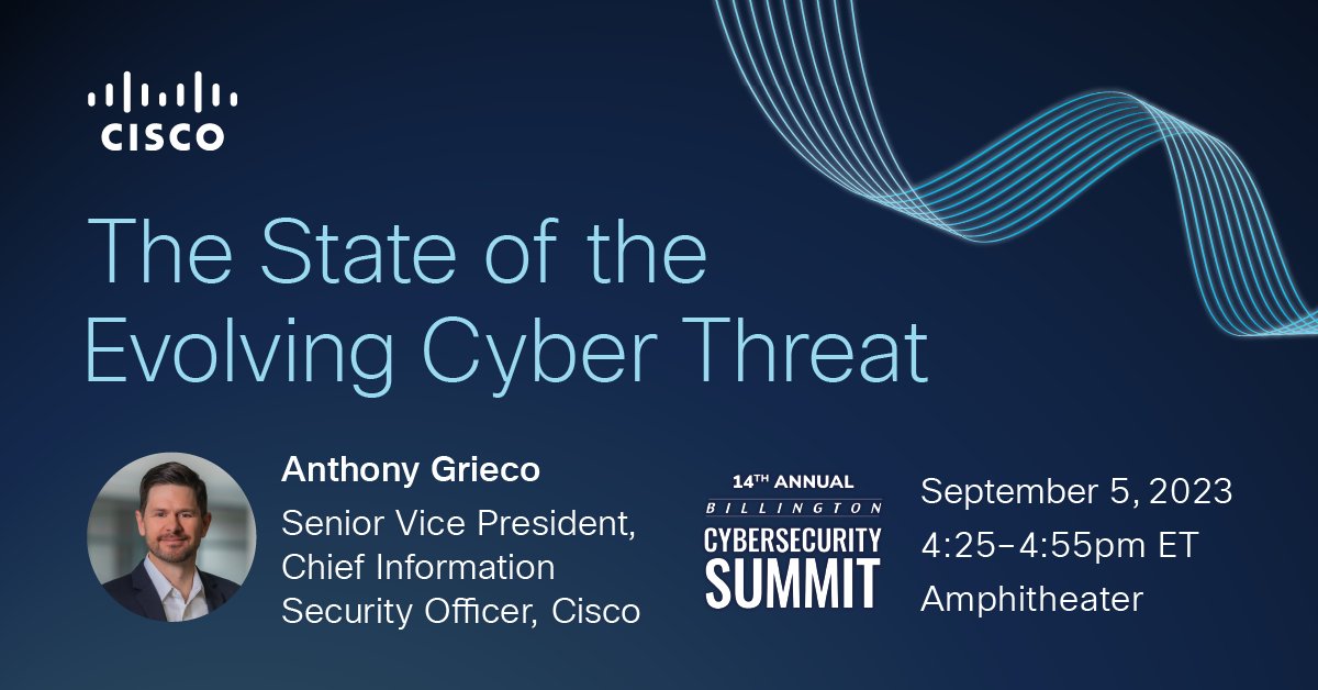 Where does #cybersecurity currently stack up with the #cyberthreat? 🙇 💭

Cisco’s CISO, Anthony Grieco, will discuss the changing nature of the cyber threat with #security leaders from the DIA, DOD, and #CIA at the <a href="/BillingtonCyber/">Billington Cyber</a> Summit.

📆 Sept 5th 👉 cs.co/6017PsCzX