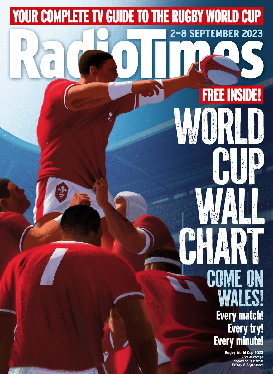 RadioTimes's tweet photo. This week's issue of #RadioTimes is a #RWC2023 Special, complete with a free #wallchart &amp; stadium guide, so you can follow the action from Lille to Nice 🏆 Find out more: https://t.co/jx5Xp8gB27

Covers illustrated exclusively by Sam Chivers &amp; are sold subject to their location! https://t.co/0DcaXZmPOw