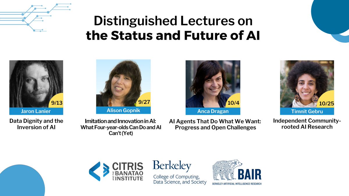 CITRIS (@citrisnews) on Twitter photo Eager for insight into the latest advances in #ArtificialIntelligence? Join CITRIS, <a href="/BerkeleyDataSci/">UC Berkeley CDSS</a> & @Berkeley_AI for four distinguished lectures on the status & future of #AI by renowned experts. RSVP now to watch in person, or view the livestreams: 🔹 bit.ly/citris-researc… Eager for insight into the latest advances in #ArtificialIntelligence? Join CITRIS, <a href="/BerkeleyDataSci/">UC Berkeley CDSS</a> & @Berkeley_AI for four distinguished lectures on the status & future of #AI by renowned experts. RSVP now to watch in person, or view the livestreams: 🔹 bit.ly/citris-researc…