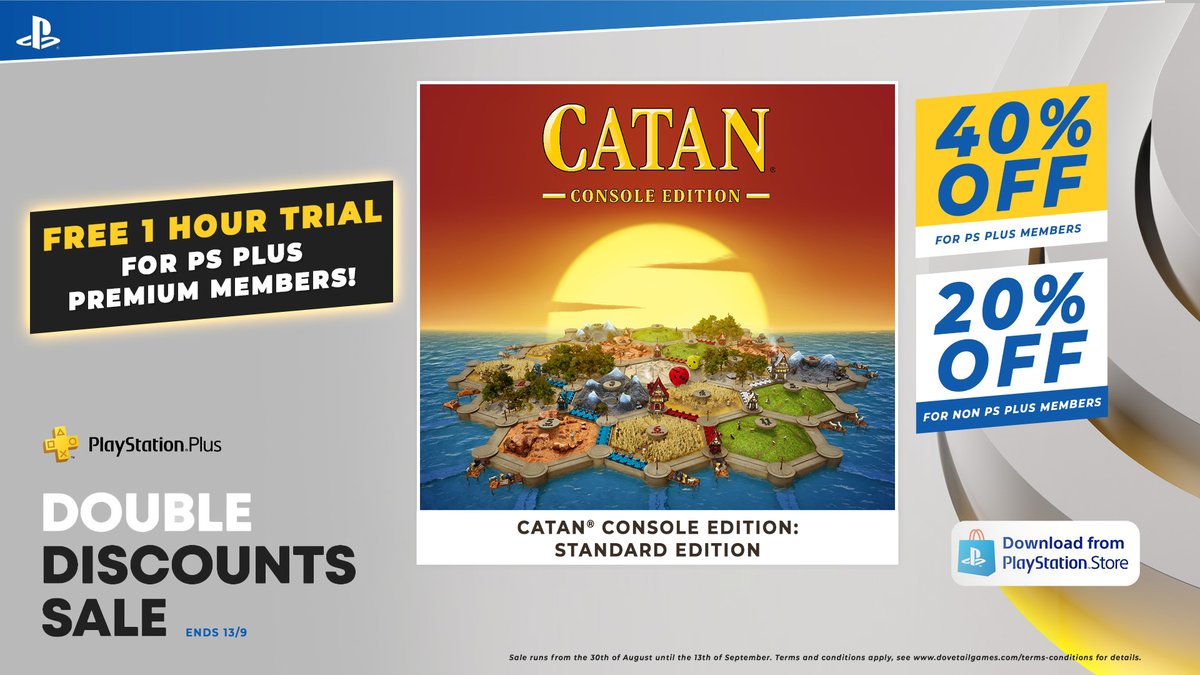 DTGBoardgames's tweet photo. Get 20% off your PlayStation copy of CATAN: Console Edition 🎮 

If you’re a PlayStation Plus subscriber, you can enjoy the DOUBLE DISCOUNT of 40% off 💙 

Grab your copy today: https://t.co/jCv530ct5i

#PSDoubleDiscount #CATANConsole https://t.co/fnhqnjHazG
