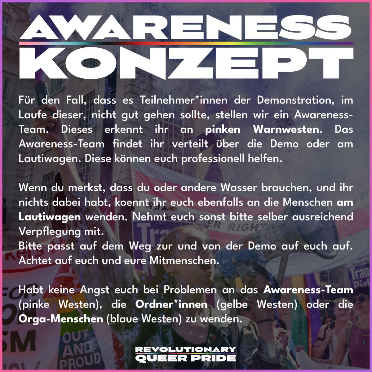 AWARENESS-KONZEPT

REVOLUTIONARY QUEER PRIDE

2. SEPTEMBER / 15 UHR / LEIBNIZPLATZ