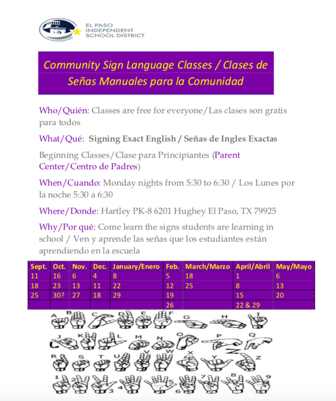 Join us in our Parent Center for Community Sign Language Classes. Monday evenings 5:30-6:30pm . Everyone is welcomed.