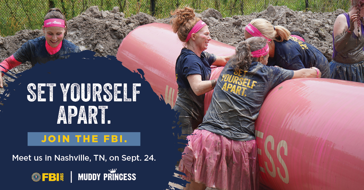 FBIJobs's tweet photo. #Nashville, here we come! ✈️ We're headed to #Tennessee to put our strength & teamwork to the test at the #MuddyPrincess obstacle course. Join us there to learn how you can apply the determination you bring to the #MudRun into a role at the #FBI. #FBIJobs
https://t.co/CE7P2OFs4R https://t.co/Y3jsJwEi7S