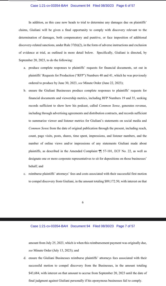 MuellerSheWrote's tweet photo. NOTE: I think it’s important that even though Judge Howell has entered a default judgment against Rudy in the Ruby Freeman/Shaye Moss defamation suit, he’s still not off the hook. He faces ADDITIONAL sanctions if he doesn’t produce discovery. https://t.co/kWunIXkFry