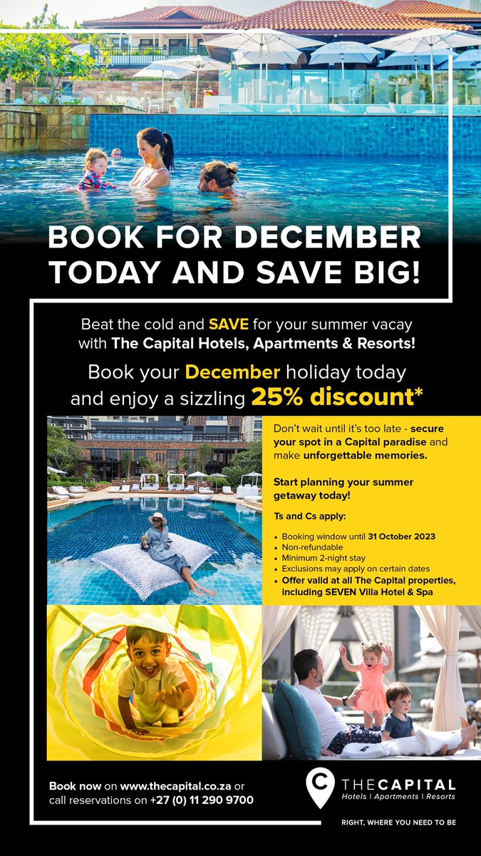 Zander Lombard (@zanderlombard) on Twitter photo It is always a good time to stay at <a href="/TheCapital_SA/">TheCapitalHotelsSA</a> 💪🏼
Great offers and packages to be had all year around and especially in December.
Check it out below ⬇️
#Rightwhereyouneedtobe It is always a good time to stay at <a href="/TheCapital_SA/">TheCapitalHotelsSA</a> 💪🏼
Great offers and packages to be had all year around and especially in December.
Check it out below ⬇️
#Rightwhereyouneedtobe
