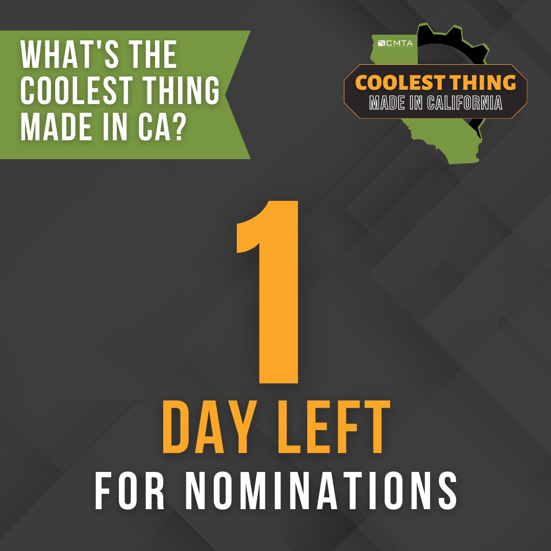 Have you nominated what you think is the Coolest Thing Made in California yet? There is only 1 day left to nominate California-made products for the #CoolestThingMadeInCA competition. Tap the link below and nominate a product by August 31 at 11:59 p.m.  

hubs.li/Q0209z110