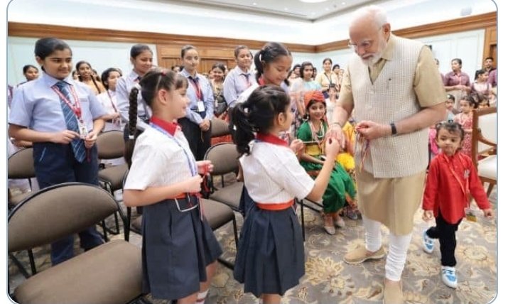 BJMMSouthRaigad's tweet photo. PM @narendramodi ji celebrates Raksha Bandhan with children at his residence.
#RakshaBandhan2023
#loveandrespect https://t.co/OBmT30t2uf