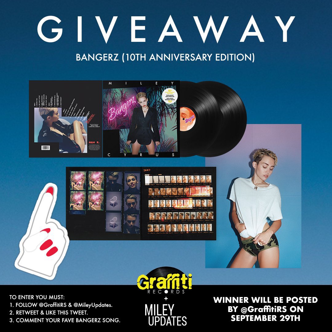 MileyUpdates's tweet photo. To celebrate the 10th anniversary of @MileyCyrus’ ‘Bangerz’, we joined @GraffitiRS to giveaway one copy of the special reissue! 

To enter you must: 
1. Follow @GraffitiRS and @MileyUpdates on Twitter.
2. Retweet and Like this tweet.
3. Comment your fave Bangerz track.

Winner will be announced by @GraffitiRS on September 29th. Stay tuned and good luck to everyone.