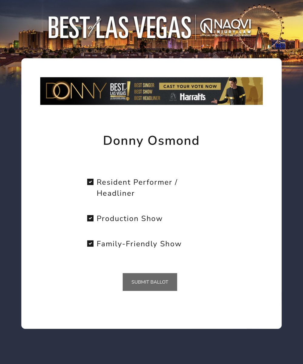 sdcblifn's tweet photo. @donnyosmond @HarrahsVegas Just voted! https://t.co/0Ak9j2yjVQ