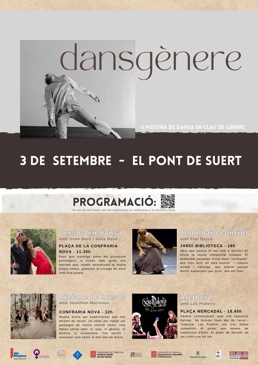 El diumenge 3 de setembre, al Pont de Suert es realitzarà  la II Mostra DANSGÈNERE 💃
▪️Tots els espectacles són d’accés gratuït i adreçats a tota la població.
⚠️En cas de condicions meteorològiques adverses tots els espectacles es realitzaran a la sala de la Confraria Nova.