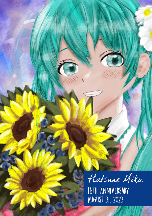 Sunflowers, Blue Baby's breath, White Camellias: in flower language - Adoration, Respect, and Pure Faithfulness.

Please stay the brightest burning star in the sky. Three(9) cheers for 16 years!
#初音ミク 
#初音ミク生誕祭2023
#miku16th 
#HatsuneMiku
