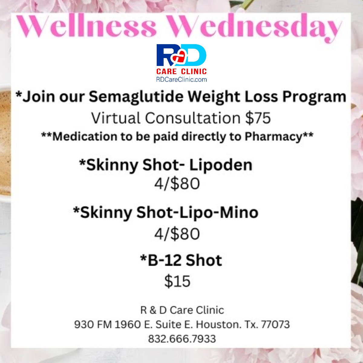 Today is The Day...  Wellness Wednesday!

Great Deals on Lipo-Mino Mix & Semaglutide Weight Loss Program

Your Wellness Center Houston: tinyurl.com/27dl6dou

#health #medical #healthcare #medicine #treatment #wellness #weightloss #semaglutide #lipomino #lipo