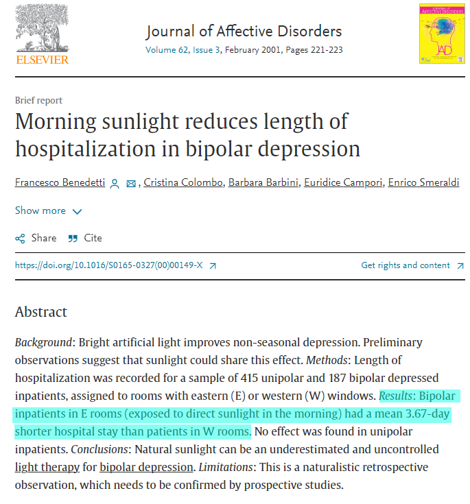 Mangan150's tweet photo. Patients hospitalized with bipolar depression and put into rooms with eastern-facing windows, so that they had morning sunlight, spent nearly 4 fewer days in the hospital than those in western-facing rooms. https://t.co/me6R8Cgc6G