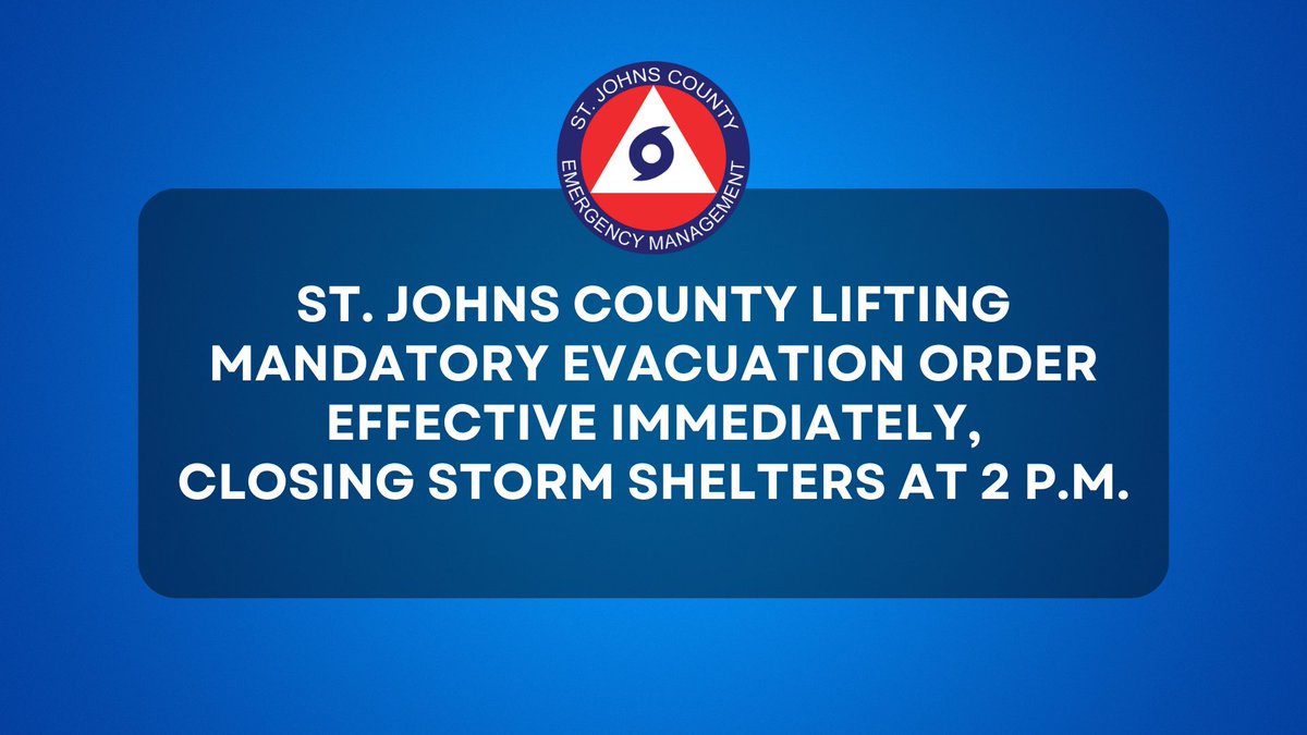 St. Johns County is lifting the mandatory evacuation order that was issued for all persons living in low-lying, flood-prone areas, on a boat, mobile home, or RV, and will close its two storm shelters at 2 p.m. Visit sjcfl.us/hurricane.

#MySJCFL #HurricaneSeason #Idalia