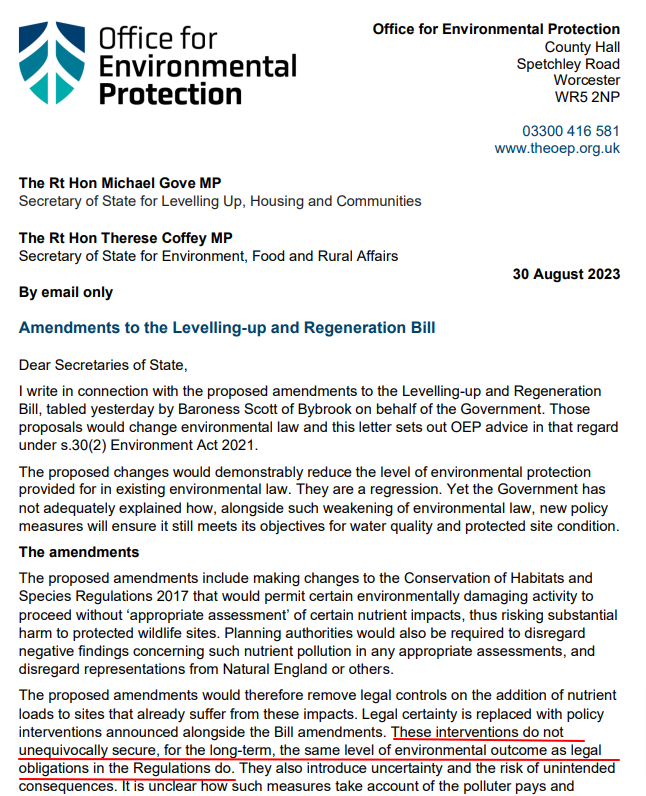 England's green watchog says Michael Gove's changes to river protections yesterday run counter to govt committments to not "weaken legal protections for the environment"

Strong censure, unclear if any stick coming from the regulator theoep.org.uk/sites/default/… #NutrientNeutrality