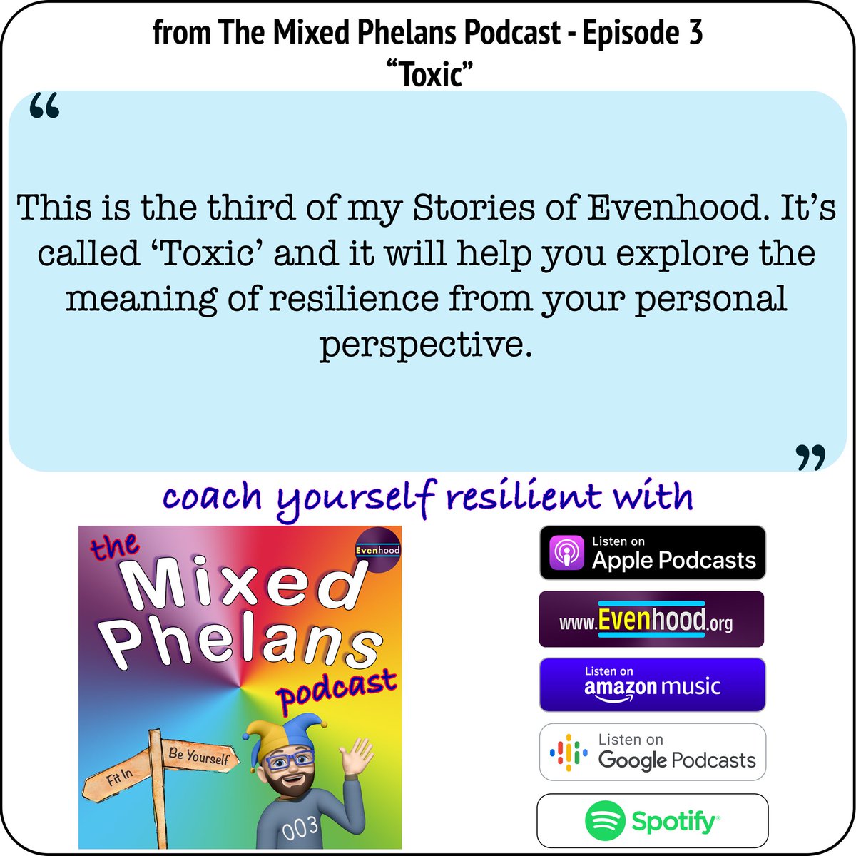 Coach yourself resilient. Free podcast. No ads. No sales. No subscribe. Just you and guided coaching. Give it a whirl - you’ve got resilience to gain and nothing to lose. podcasts.apple.com/gb/podcast/mix… #Resilient #Wellbeing #BeYourself #Evenhood #MentalHealth