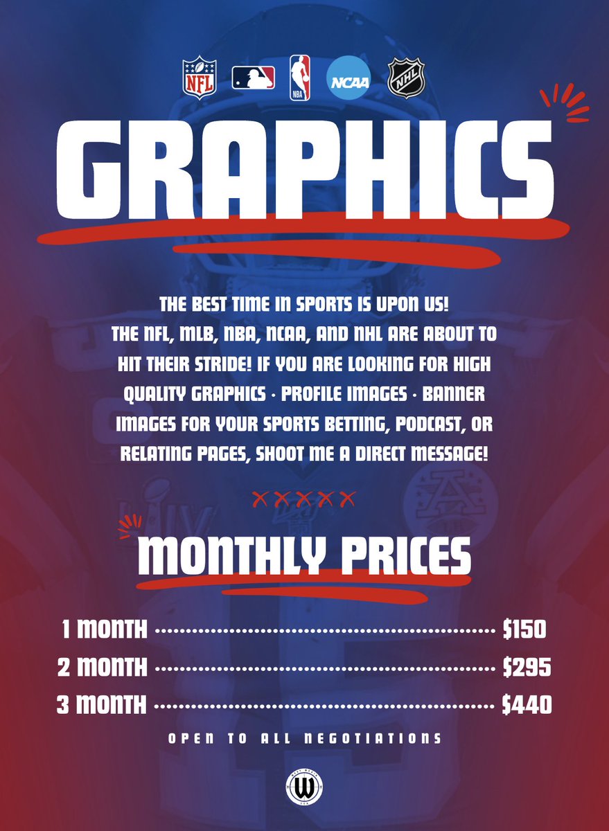 THE BEST TIME IN SPORTS IS UPON US 🏈⚾️🏀🏒

If you're looking for:

- High Quality Graphics
- Profile Images 
- Twitter Banners

for your sports betting, podcast, or relating pages, SHOOT ME A DIRECT MESSAGE 📥

#GamblingTwitter #SportsBetting