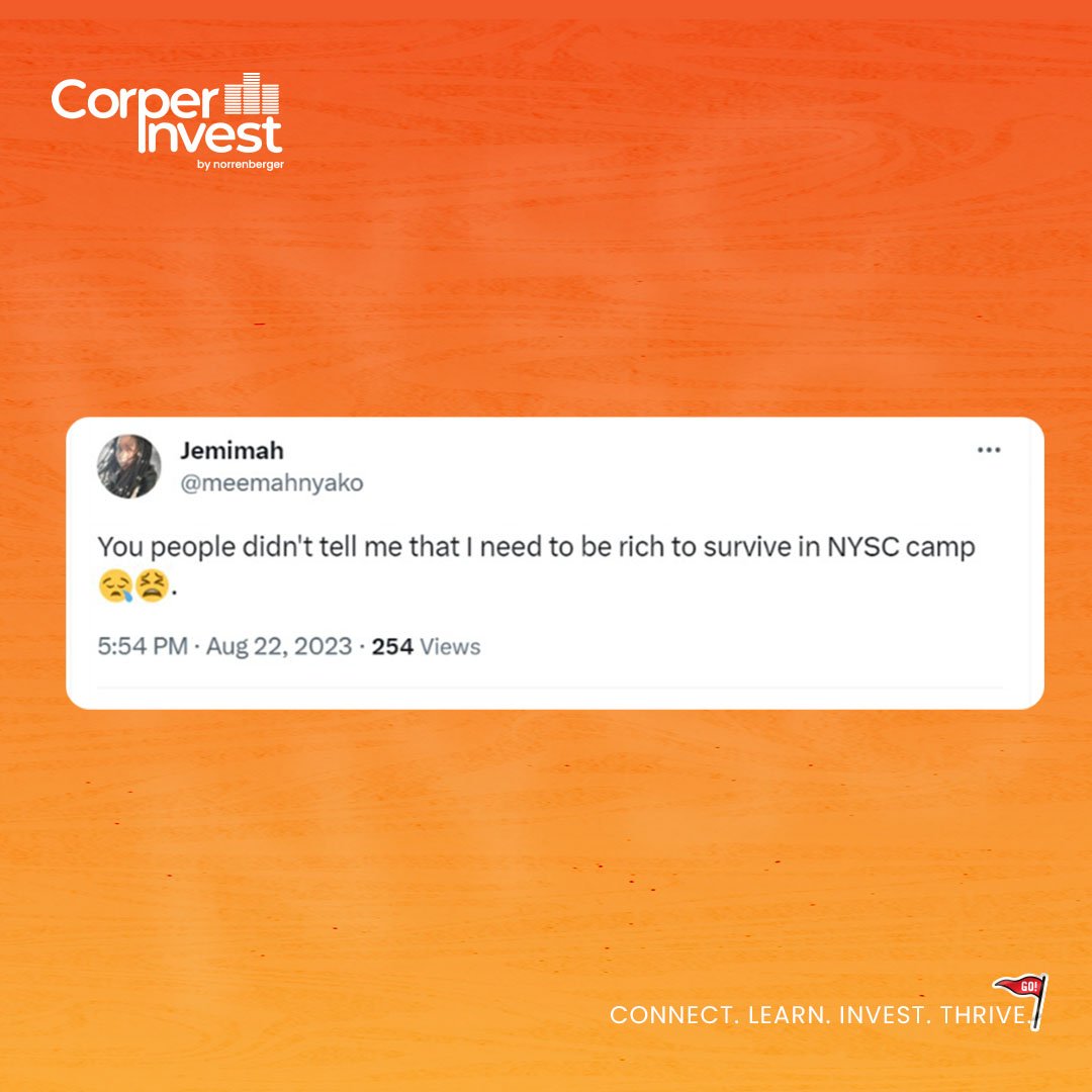 This you?

You don't have to enter camp rich but you can leave financially free and have a community of corpers while at it!

Send us a DM or download our app on Play Store to get started.

Coming soon to App Store.

#corperinvest #norrenberger #corperwee #investment