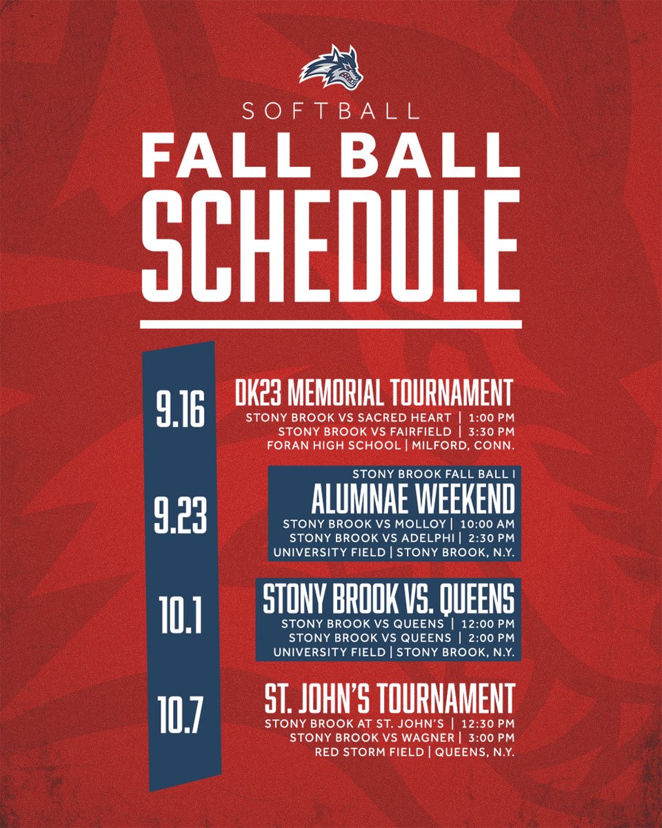 Stony Brook Softball (@stonybrooksb) on Twitter photo Our Fall Ball schedule is 𝐇𝐄𝐑𝐄 🥎
The fall features two home weekends, alumnae weekend and the third annual #DK23 Memorial Tournament!
🌊🐺 x #NCAASoftball Our Fall Ball schedule is 𝐇𝐄𝐑𝐄 🥎
The fall features two home weekends, alumnae weekend and the third annual #DK23 Memorial Tournament!
🌊🐺 x #NCAASoftball