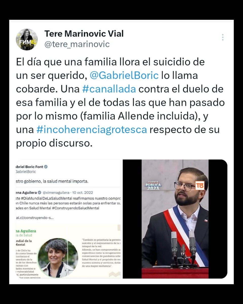 Romanita_Honey's tweet photo. "El día que una familia llora el suicidio de un ser querido, @GabrielBoric lo llama cobarde. Una #canallada contra el duelo de esa familia y el de todas las que han pasado por lo mismo (familia Allende incluida), y una #incoherenciagrotesca respecto de su propio discurso." https://t.co/uvkg8pJhHE