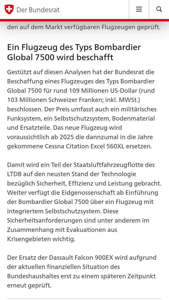 #BREntscheid - 'Ein Flugzeug des Typs Bombardier Global 7500 wird beschafft'
➡️admin.ch/gov/de/start/d…

CHF 103mio für äs Flugi. Der Bundesrat im Sparmodus.

Währenddessen beim Fussvolk: Energie- und Miet-Kosten steigen, KK-Prämien explodieren, CO2 Ausstoss ist schlecht,...