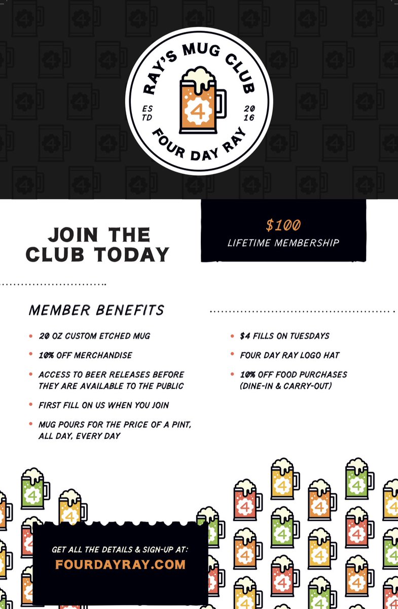 Get exclusive perks with your Lifetime Ray's Mug Club membership! Sign up on our website today. 🍺

• 10% off food purchases (dine-in &amp; carry-out)
• mug pours for the price of a pint, all day, every day
• $4 fills on Tuesdays