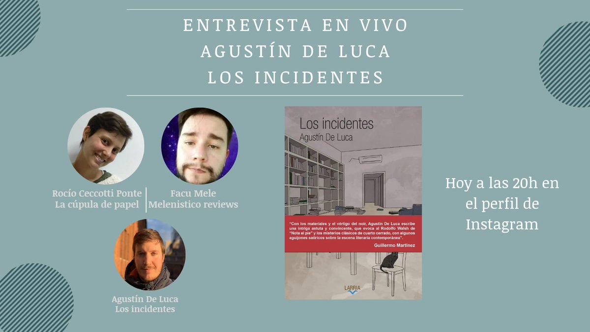 Hoy a las 20 hs vamos a estar en Instagram charlando de Los incidentes de <a href="/agustindeluca9/">Agustin De Luca</a>, la novela policial de la que está hablando todo el mundo. ¡No se lo pierdan!